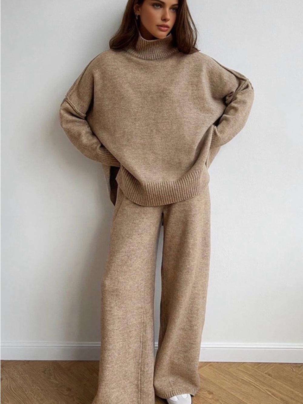 Commense Neutral Beige Turtleneck Sweater Set / Lots of stretch!